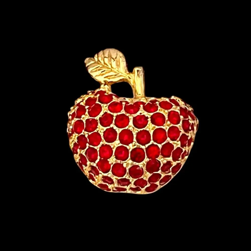 Vintage 1960s Red Rhinestone Apple Brooch Textured Pave Gold Tone - 1I